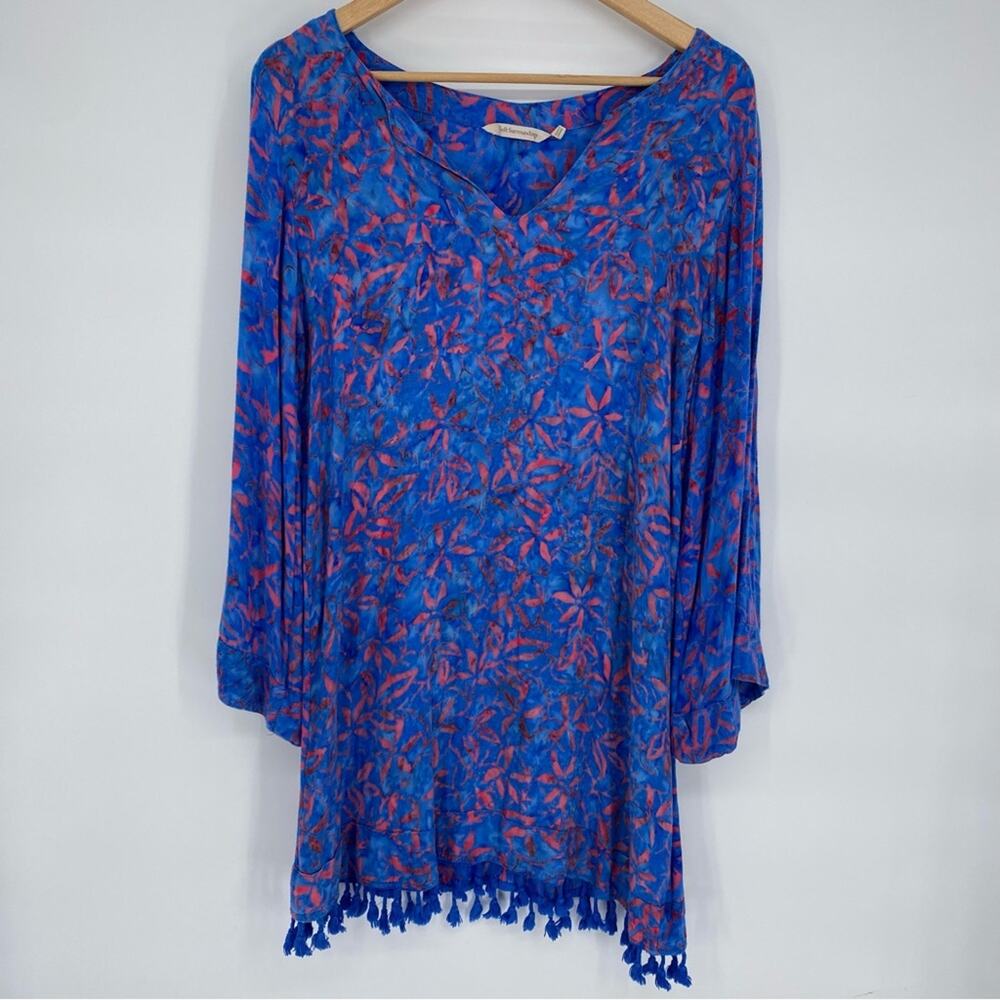 Soft Surroundings Tunic Summer Asian Print Fringe Blue & Red Small‎
